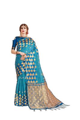 Turquoise woven art silk saree with blouse 1