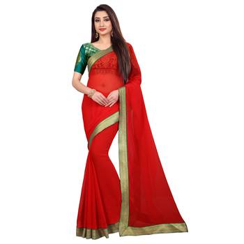 Red plain georgette saree with blouse 1