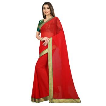 Red plain georgette saree with blouse 2