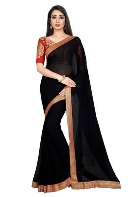 Black plain georgette saree with blouse 1