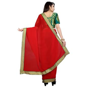 Red plain georgette saree with blouse 3