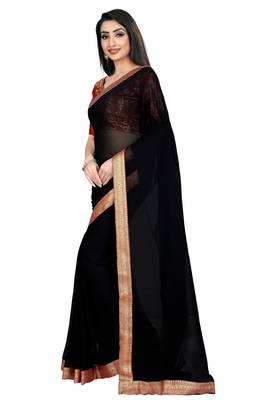 Black plain georgette saree with blouse 2
