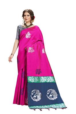 Pink woven art silk saree with blouse 1