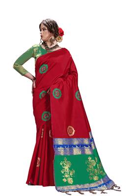 Red woven art silk saree with blouse 1