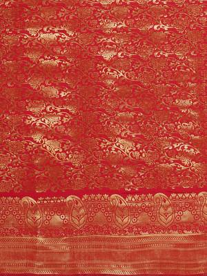 Red woven art silk saree with blouse 3