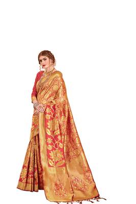 Rust woven art silk saree with blouse 1
