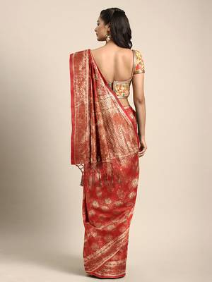 Red woven art silk saree with blouse 2