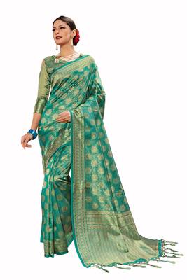 green woven art silk saree with blouse 1