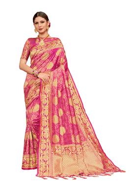 Pink woven art silk saree with blouse 1