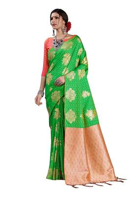 green woven art silk saree with blouse 1