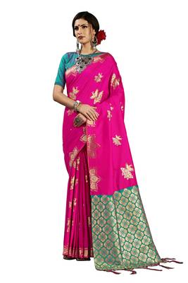 Pink woven art silk saree with blouse 1