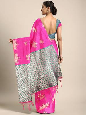 Pink woven art silk saree with blouse 2