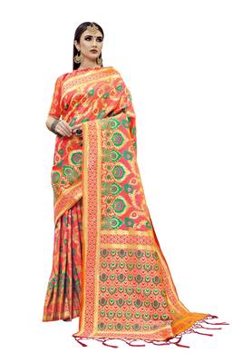 orange woven art silk saree with blouse 1