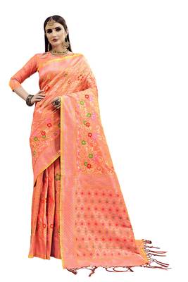 Pink woven art silk saree with blouse 1