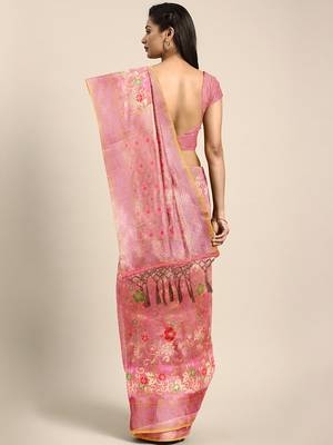 Pink woven art silk saree with blouse 2