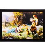 Girls Playing in Garden View Matt Textured UV Art Painting