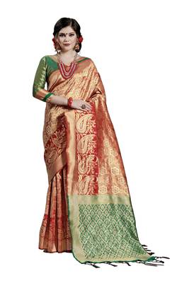 Red woven art silk saree with blouse 1