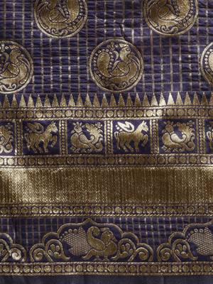 Blue woven art silk saree with blouse 4