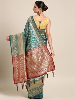 green woven art silk saree with blouse 2