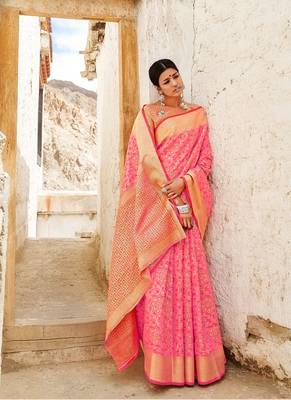 Salmon woven silk saree with blouse 1