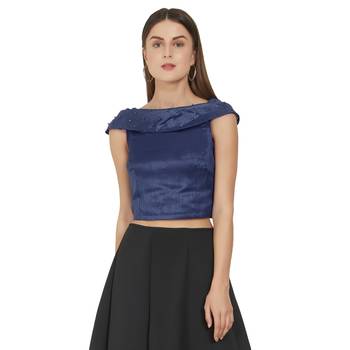 Navy Blue Art Silk Ready-Made Saree Blouse 1