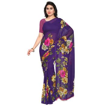 Purple printed georgette saree with blouse 1
