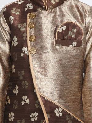Bronze Woven Blended Cotton Boys Sherwani 4