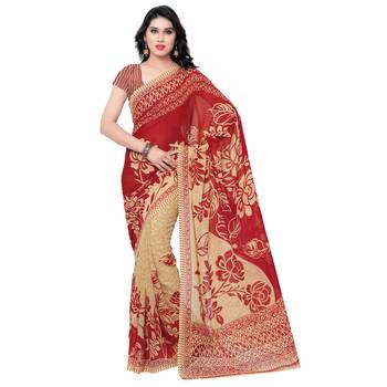 Red printed georgette saree with blouse 1