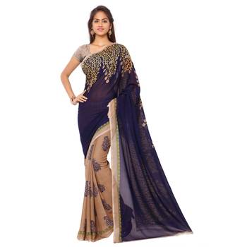 Purple printed georgette saree with blouse 1