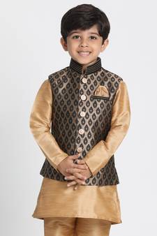 Boys Black And Gold Silk Blend Nehru Jacket