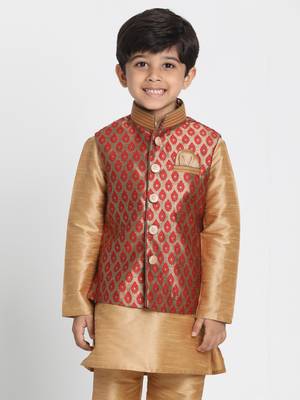 Boys Maroon And Gold Silk Blend Nehru Jacket 1
