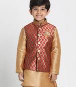 Boys Maroon And Gold Silk Blend Nehru Jacket