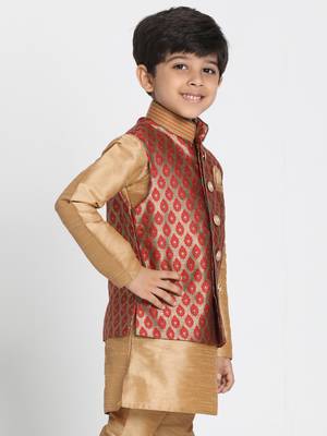 Boys Maroon And Gold Silk Blend Nehru Jacket 2