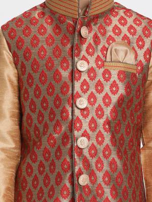 Boys Maroon And Gold Silk Blend Nehru Jacket 3
