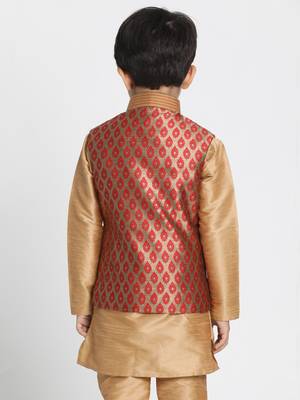 Boys Maroon And Gold Silk Blend Nehru Jacket 4