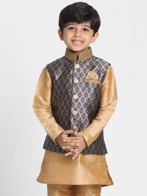 Boys Navy Blue And Gold Silk Blend Nehru Jacket 1
