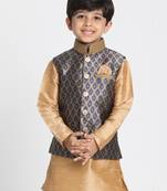 Boys Navy Blue And Gold Silk Blend Nehru Jacket
