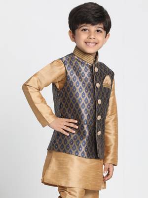 Boys Navy Blue And Gold Silk Blend Nehru Jacket 2