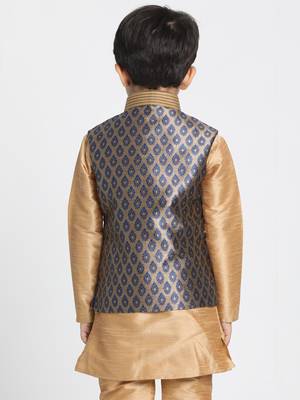 Boys Navy Blue And Gold Silk Blend Nehru Jacket 4
