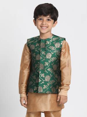  Forest Green And Zari Gold Silk Blend Nehru Jacket 1