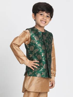  Forest Green And Zari Gold Silk Blend Nehru Jacket 2