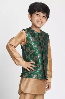  Forest Green And Zari Gold Silk Blend Nehru Jacket