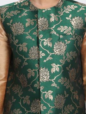  Forest Green And Zari Gold Silk Blend Nehru Jacket 3