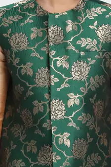  Forest Green And Zari Gold Silk Blend Nehru Jacket