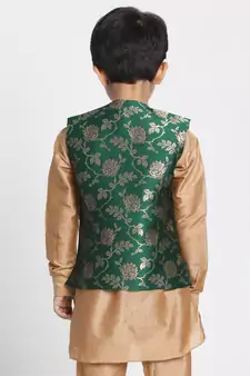  Forest Green And Zari Gold Silk Blend Nehru Jacket