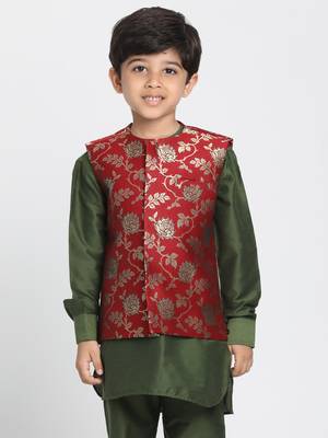 Maroon Printed Silk Blend Boys-Nehru-Jacket 1