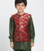 Maroon Printed Silk Blend Boys-Nehru-Jacket