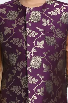  Purple And Zari Gold Silk Blend Nehru Jacket