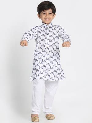 White Printed Silk Blend Boys-Kurta-Pyjama 1