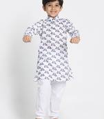 White Printed Silk Blend Boys-Kurta-Pyjama